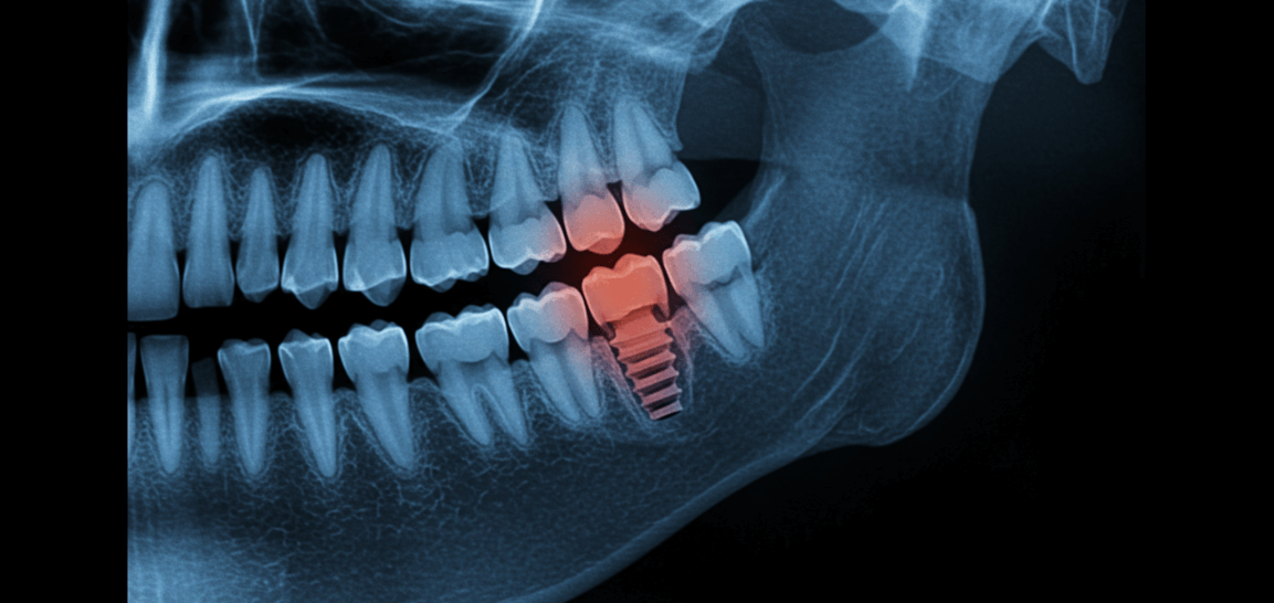 A high-resolution 3D X-ray scan of a human jawbone, showing a detailed view of a dental implant securely embedded in the bone